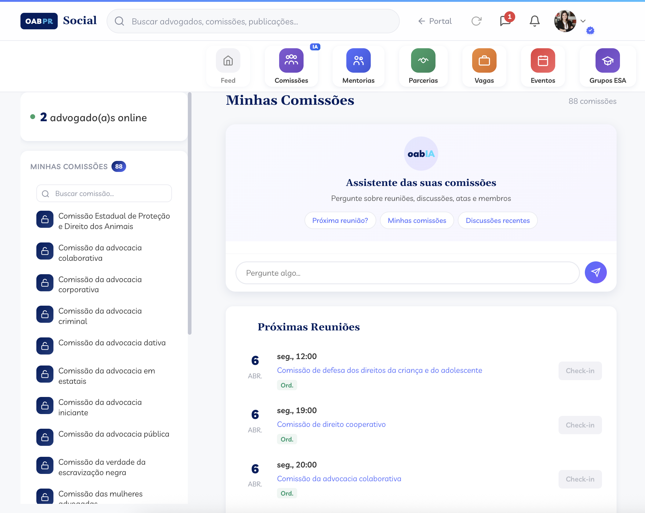 Próximas reuniões com check-in e oabIA