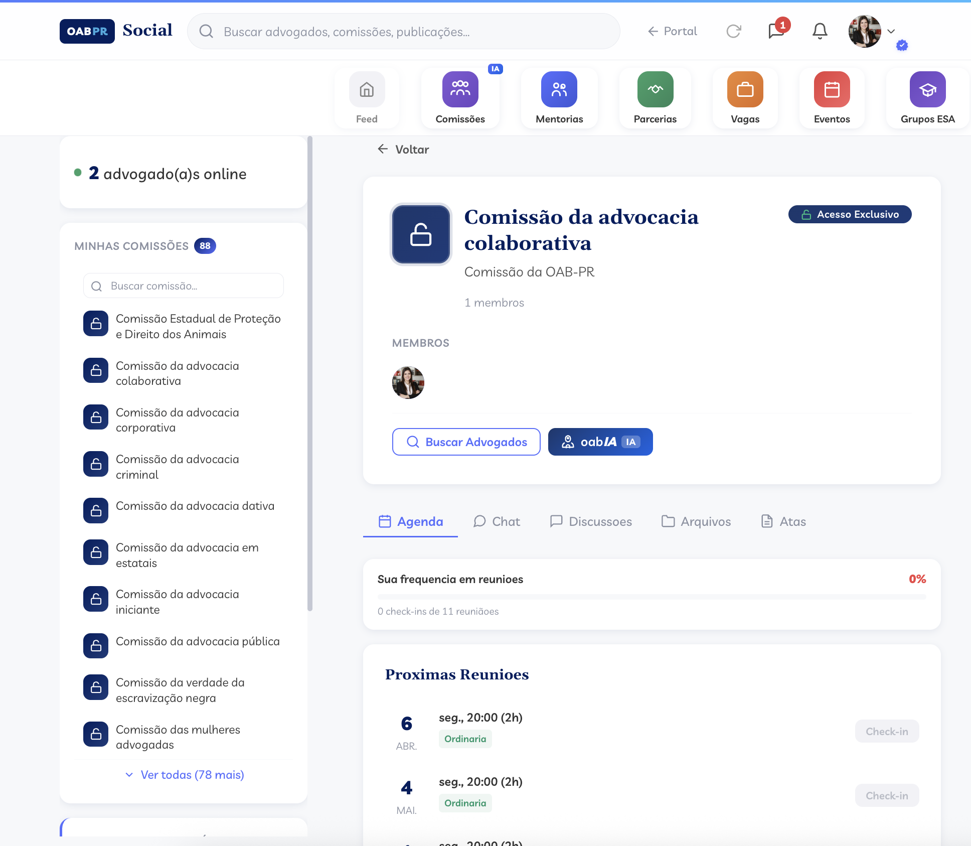 Comissao com agenda, check-in e tabs